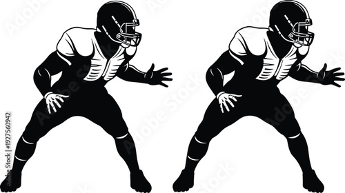 Black silhouette of two American football players in defensive stance wearing helmets and pads, sports competition vector illustration on white.