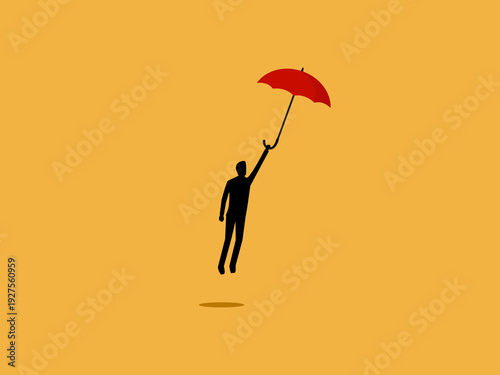businessman flies with a red umbrella..