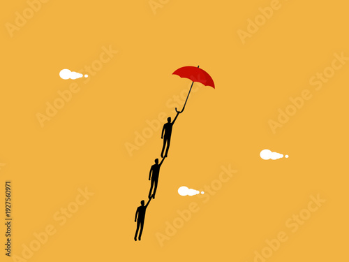 group of businessmen held up red umbrellas and flew into the sky