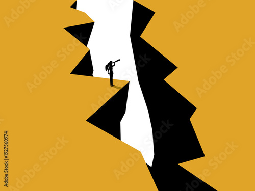 businesswoman peered through a gap in the cliff face using binoculars