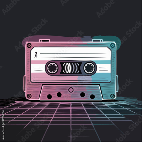 Retro Audio Cassette Tape on Neon Synthwave Grid Background