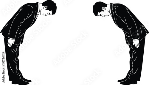 Black silhouette of two businessmen in suits bowing deeply towards each other, respectful greeting and corporate etiquette vector illustration.