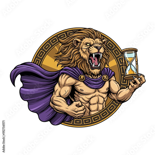 Mighty Lion Warrior with Hourglass Symbolizing Time and Strength.
