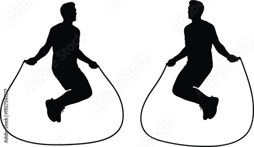 Black silhouette of two men jumping rope for cardio fitness and weight loss, athletic male figures exercising isolated on white.