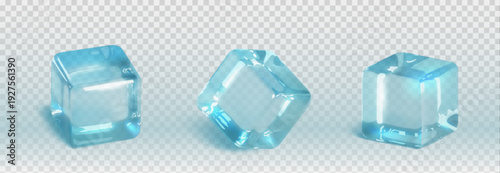 Three transparent blue gemstones with faceted surfaces on a white background