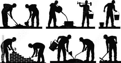 Black silhouette set of construction workers engaged in various building site activities including digging, pouring concrete, masonry, and carrying heavy equipment.