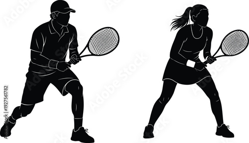 Professional tennis player silhouettes of man and woman holding rackets in ready stance for sports tournament branding and athletic design.
