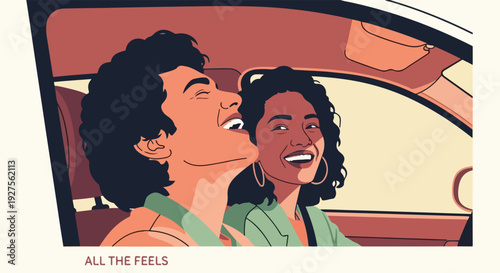 Joyful diverse couple laughing and enjoying a car ride, celebrating freedom and togetherness on a sunny day.