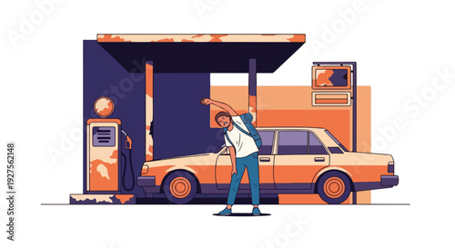 Man stretching at a vintage gas station with a classic car, retro illustration style