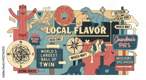 Whimsical illustration of local flavor with quirky signs, dinosaurs, and a giant donut, representing travel and adventure