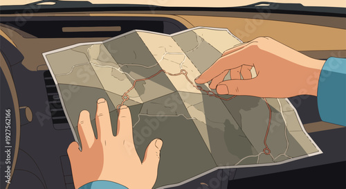 Hands holding a folded paper map inside a car, planning a road trip adventure and navigation