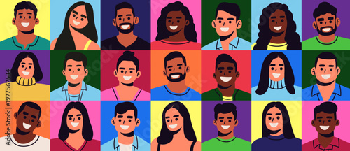 Colorful flat vector illustration featuring a diverse group of smiling men and women in a square grid layout. Ideal for social media, websites, apps, marketing materials, posters, and branding project