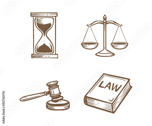Justice Law Icons Set Legal Symbols Hourglass Scales Gavel Book Illustration