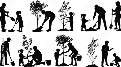 Family tree planting silhouettes, parents and children gardening together, environmental conservation concept, community ecology activity, black vector illustration isolated on white background