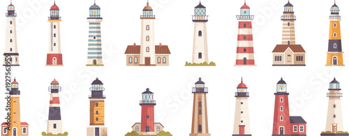 Colorful lighthouse illustration set with coastal towers maritime navigation beacons seaside houses cartoon vector collection