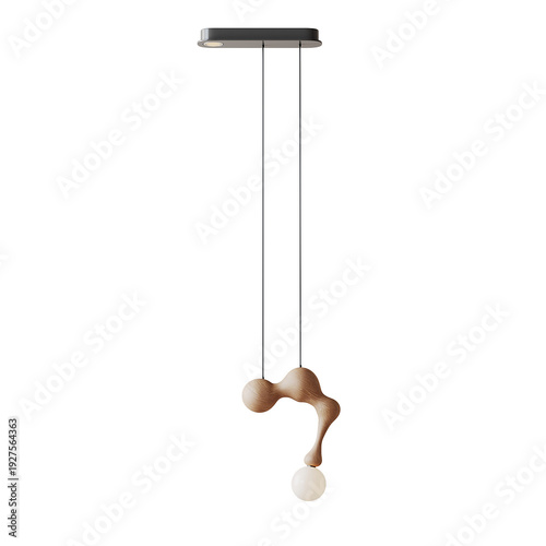A light fixture hanging from the ceiling with a wooden sculpture attached to it