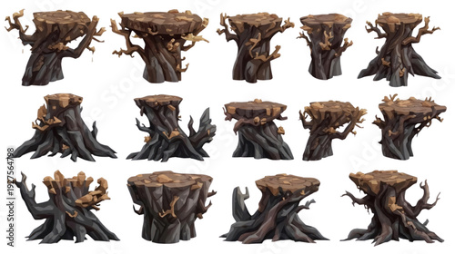 Stump Platform Variety of Stylized Wood Structures Digital Illustration