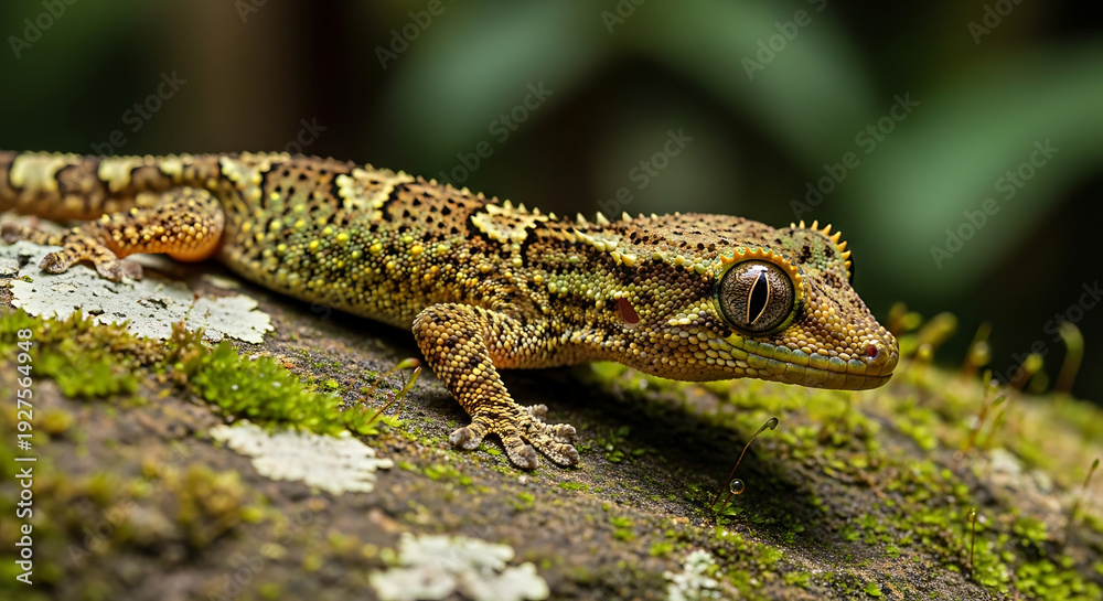 Fototapeta premium Small green lizard resting on a mossy surface in a forest.