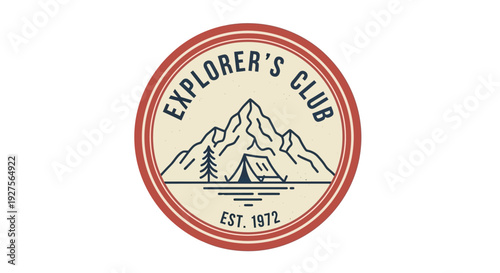 Vintage Explorer's Club emblem with mountains and tent illustration.