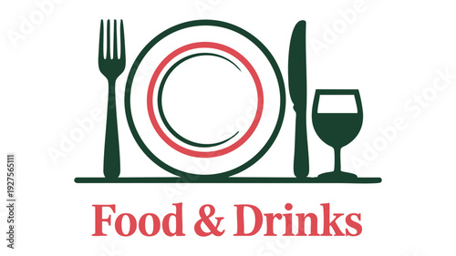 Iconic graphic representing food and drinks with utensils and glassware.