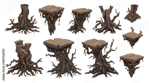 Stump Fantasy Tree Roots Platforms with Twisted Gnarled Wood and Dark Mysterious Texture