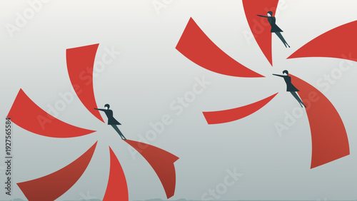 Two businesspeople climbing rotating red swirl shapes in a creative abstract composition