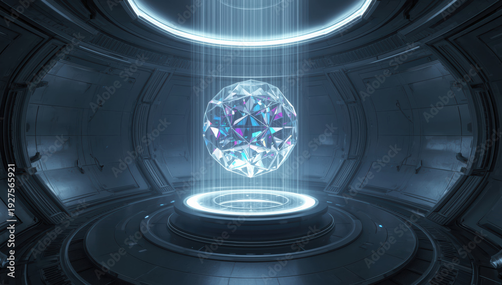 Obraz premium Futuristic holographic crystal orb suspended over illuminated platform, cool metallic sci‑fi