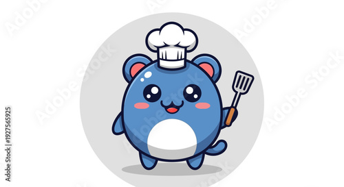 Cartoon blue mouse wearing chef hat and holding spatula.