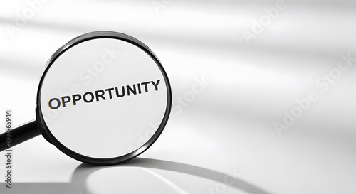 Magnifying glass focusing on the word opportunity on white surface