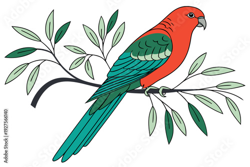 A regal red parrot with beautiful turquoise and green tail and wings, confidently perched on a realistic, leafy tree branch against a white background.