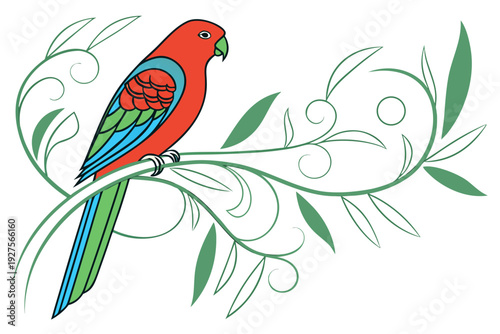 Wallpaper Mural A charming red and blue parrot perched gracefully on an elegantly swirling, abstract green branch with delicate leaves, presented as a clear illustration. Torontodigital.ca
