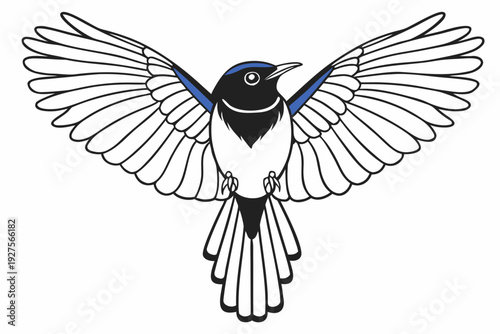 Wallpaper Mural A minimalist black and white outline illustration of a bird with widespread wings in full flight, featuring a small detail of blue color on its wings. Torontodigital.ca