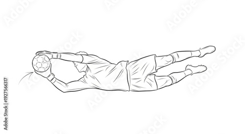 Goalkeeper in mid-air, diving to save soccer ball, isolated on white background, vector illustration, dynamic sports action, front viewpoint