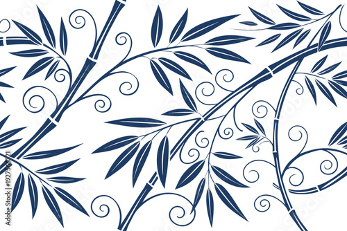 Wallpaper Mural An elegant seamless pattern depicting stylized blue bamboo branches and leaves with delicate swirls, arranged against a white background, evoking a serene natural style. Torontodigital.ca