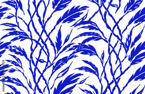 Wallpaper Mural A striking seamless pattern of intertwined blue leafy branches against a crisp white background, creating an intricate, flowing organic design for textiles or decor. Torontodigital.ca