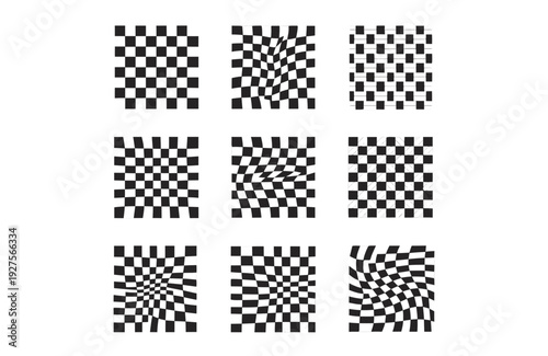 Wallpaper Mural Nine distinct black and white checkered patterns, ranging from traditional straight lines to intriguing warped optical illusions, create dynamic visual effects. Torontodigital.ca