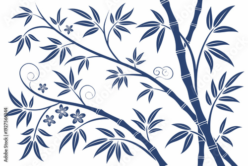 A beautiful seamless pattern of stylized blue bamboo stalks, leaves, and delicate flowers, spread across a white background, suggesting tranquility and peace.
