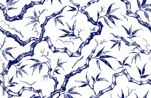 Wallpaper Mural An intricate seamless pattern of hand-drawn, textured blue bamboo branches and leaves, forming a dense organic network across a white background, perfect for a natural style. Torontodigital.ca
