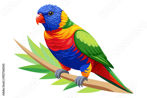 Wallpaper Mural A vibrant cartoon rainbow lorikeet with bold blue, red, green, and yellow plumage, perched on a stylized branch with green leaves against a white backdrop. Torontodigital.ca
