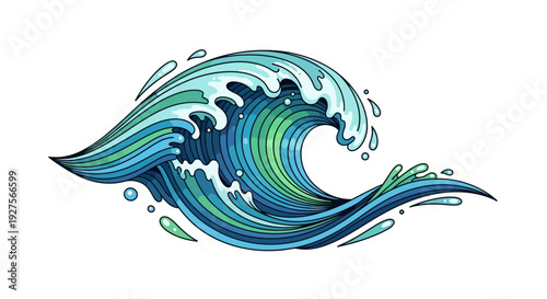 Stylized ocean wave illustration with blue and green hues.