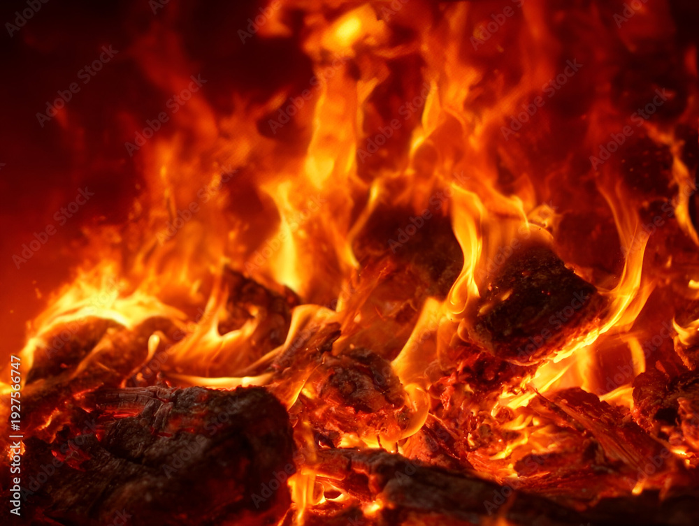Fototapeta premium Vibrant flames flicker and glow, creating an enchanting display of heat and energy in a crackling fire.