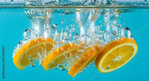 Slices of orange falling into blue water with splashes isolated on blue background