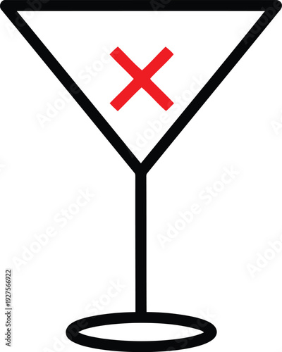 No Alcohol Icon with Red Cross in Martini Glass Outline for Sobriety and Prohibition Concepts