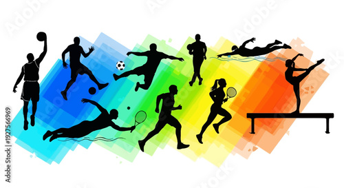 Dynamic Silhouettes of Athletes in Various Sports Actions.