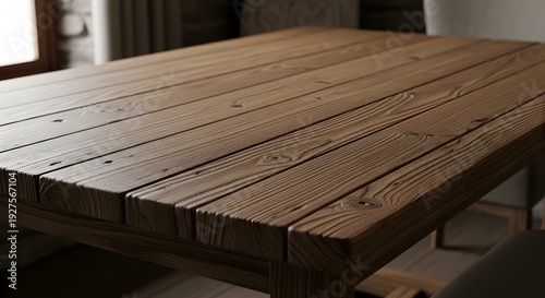 Closeup of a wooden table top with visible wood grain texture