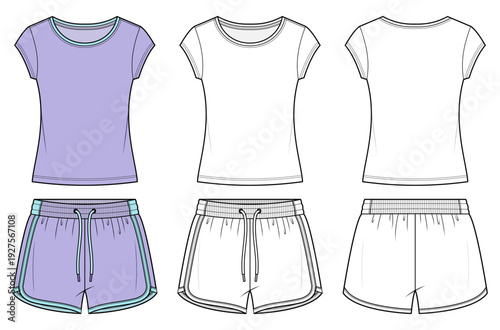 Women’s Fitted T-Shirt and Drawstring Lounge Shorts Technical Fashion Illustration. Short Sleeve Crew Neck Top and Relaxed Pajama Shorts Set. Front and Back View CAD Vector Template.