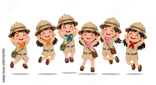 Group of happy cartoon children wearing explorer or safari outfits and pith helmets jumping
