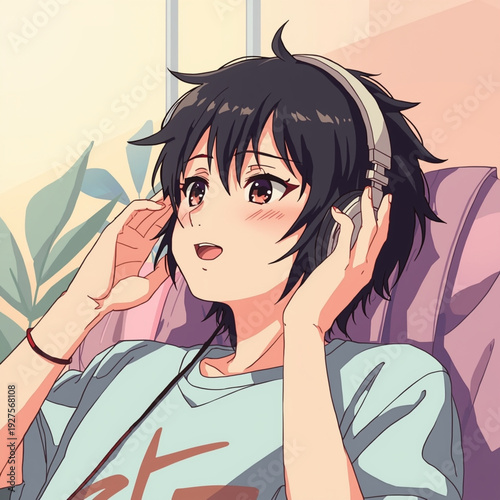 Anime style character listening to music with headphones and wearing light blue shirt now
