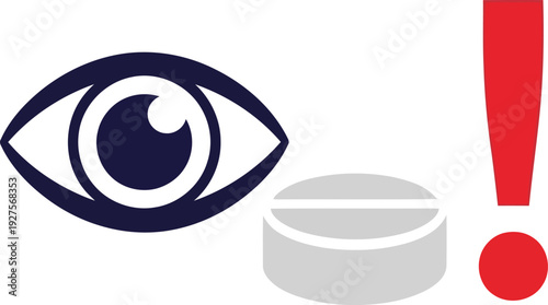 Eye Health Warning Symbol with Pill and Exclamation Mark for Medical Safety Concept