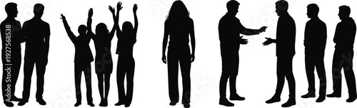 Group of people standing and talking, friends celebrating and discussing black silhouette vector illustration isolated on white background